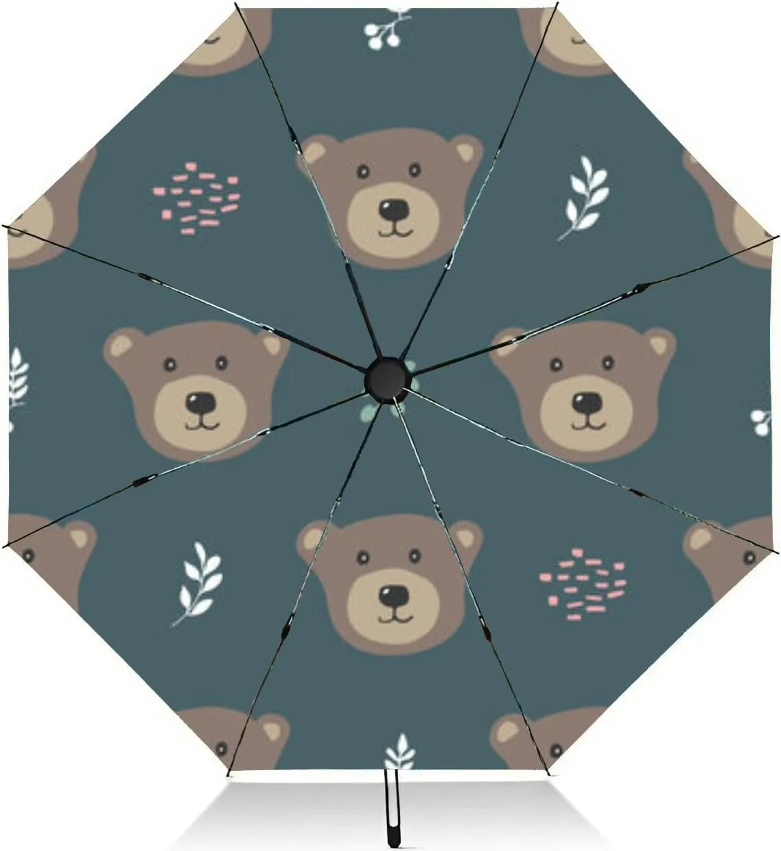 Travel Umbrella for Rain Windproof Cute bear Cartoon Animals forest Automatic Cute Portable Compact Umbrella for Women Purse Backpack Car Black Sun UV Protection