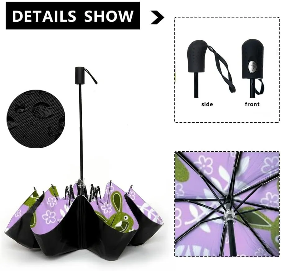 Travel Umbrella for Rain Windproof cute watercolor easter bunny Automatic Cute Portable Compact Umbrella for Women Purse Backpack Car Black Sun UV Protection