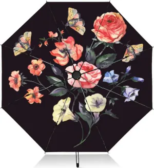 Travel Umbrella for Rain Windproof Floral Patterns Automatic Cute Portable Compact Umbrella for Women Purse Backpack Car Black Sun UV Protection