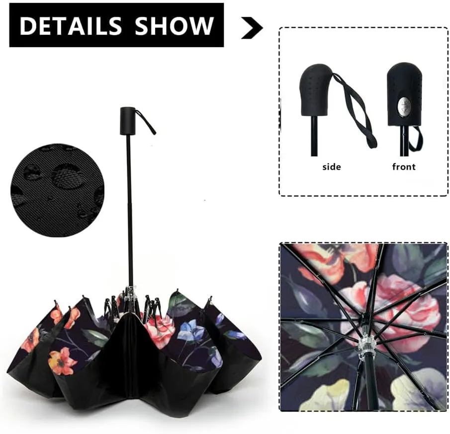 Travel Umbrella for Rain Windproof Floral Patterns Automatic Cute Portable Compact Umbrella for Women Purse Backpack Car Black Sun UV Protection