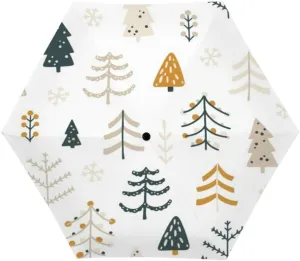 Travel Umbrella for Rain Windproof Forest different Christmas trees naive hand drawn simple scandinavian Cute Portable Compact Mini Umbrella for Women Purse Backpack Car Black Sun UV Protection