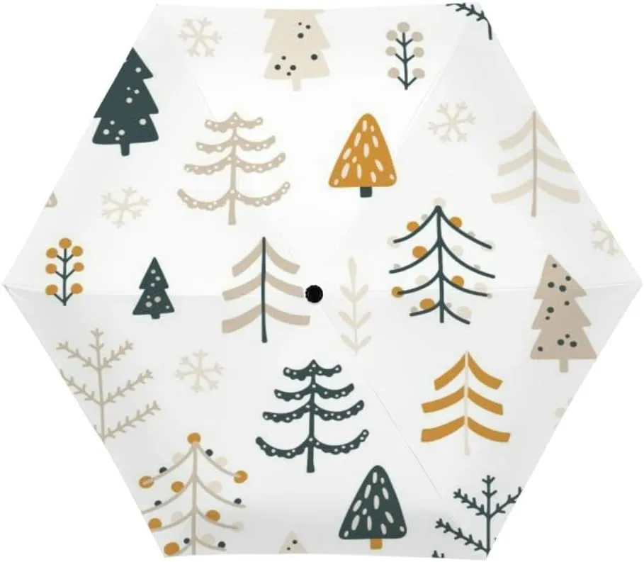 Travel Umbrella for Rain Windproof Forest different Christmas trees naive hand drawn simple scandinavian Cute Portable Compact Mini Umbrella for Women Purse Backpack Car Black Sun UV Protection