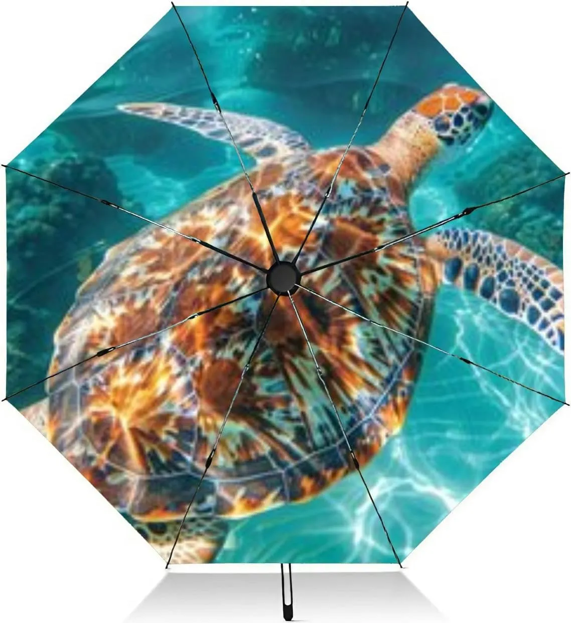 Travel Umbrella for Rain Windproof Green Sea Turtle near Coral Reef Bali Automatic Cute Portable Compact Umbrella for Women Purse Backpack Car Black Sun UV Protection