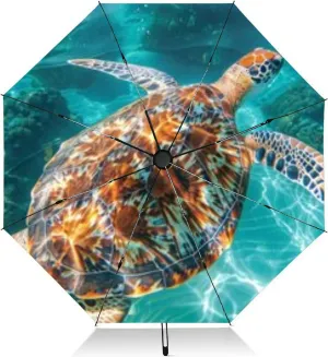 Travel Umbrella for Rain Windproof Green Sea Turtle near Coral Reef Bali Automatic Cute Portable Compact Umbrella for Women Purse Backpack Car Black Sun UV Protection
