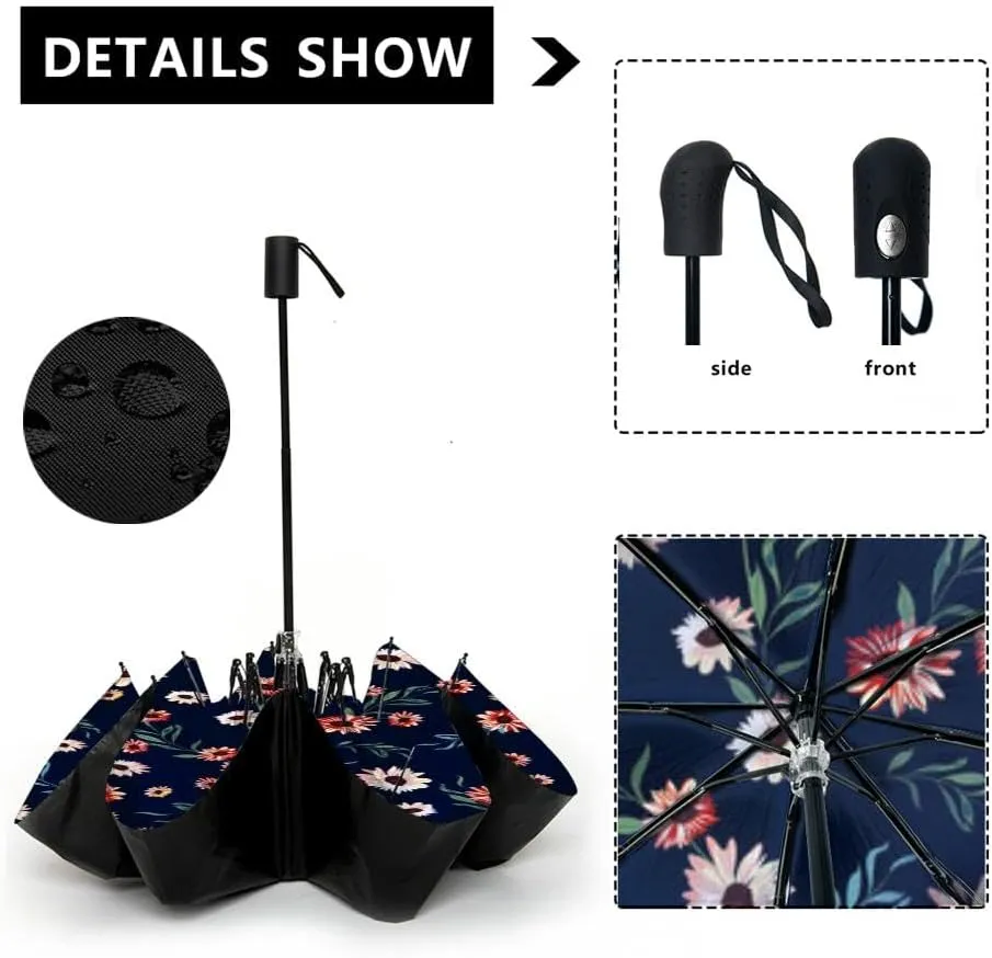 Travel Umbrella for Rain Windproof Indian floral paisley border Tropical flowers motif decoration Automatic Cute Portable Compact Umbrella for Women Purse Backpack Car Black Sun UV Protection