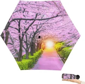 Travel Umbrella for Rain Windproof Light at the end the cherry tree tunnel and walkway Cute Portable Compact Mini Umbrella for Women Purse Backpack Car Black Sun UV Protection