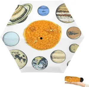 Travel Umbrella for Rain Windproof Planets solar system moon and the sun mercury and earth mars and Cute Portable Compact Mini Umbrella for Women Purse Backpack Car Black Sun UV Protection