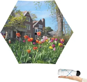 Travel Umbrella for Rain Windproof Suburban garden spring flowers Cute Portable Compact Mini Umbrella for Women Purse Backpack Car Black Sun UV Protection, Mulit1