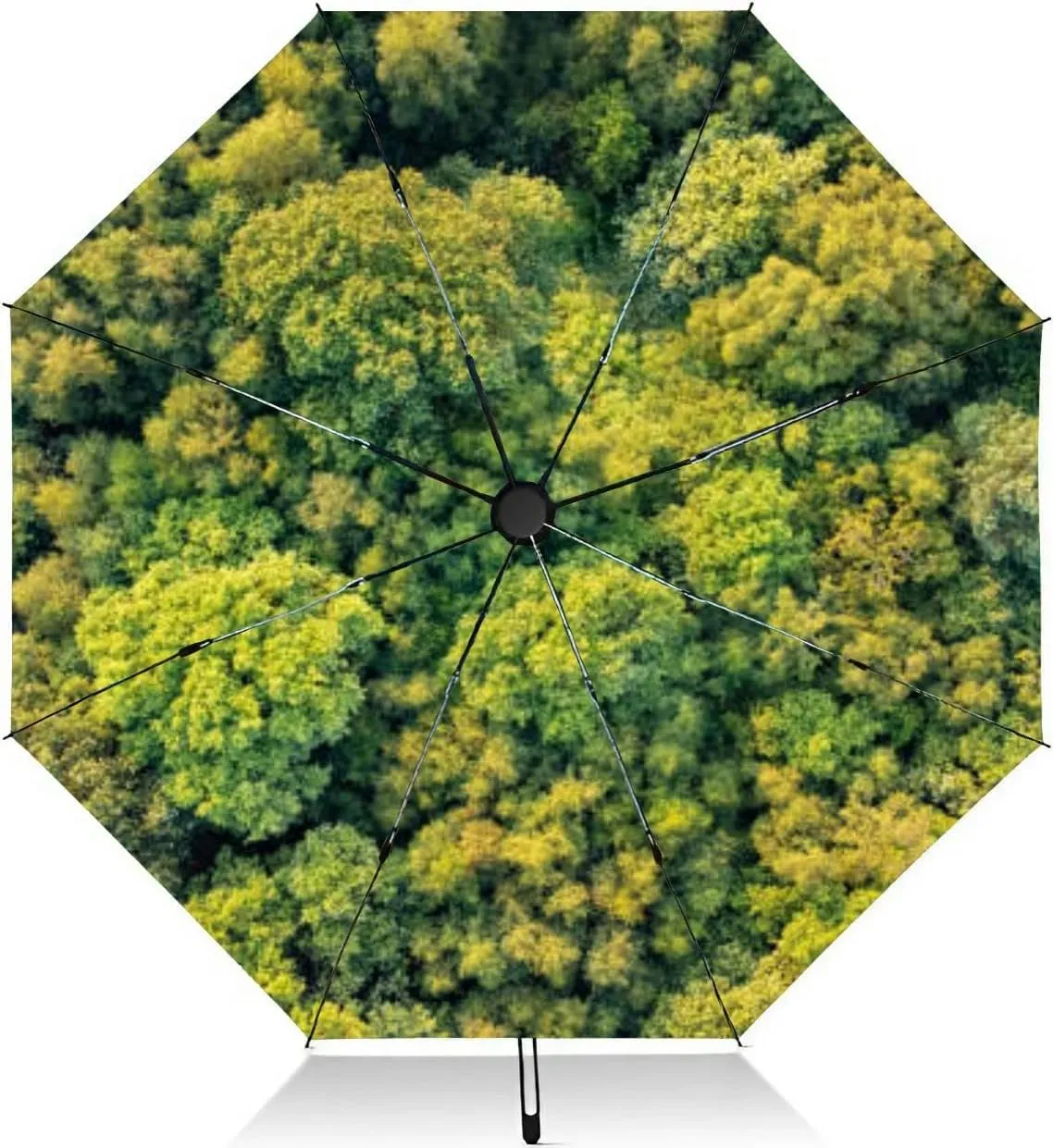 Travel Umbrella for Rain Windproof Top down aerial view deciduous trees forest warm sunlight Automatic Cute Portable Compact Umbrella for Women Purse Backpack Car Black Sun UV Protection
