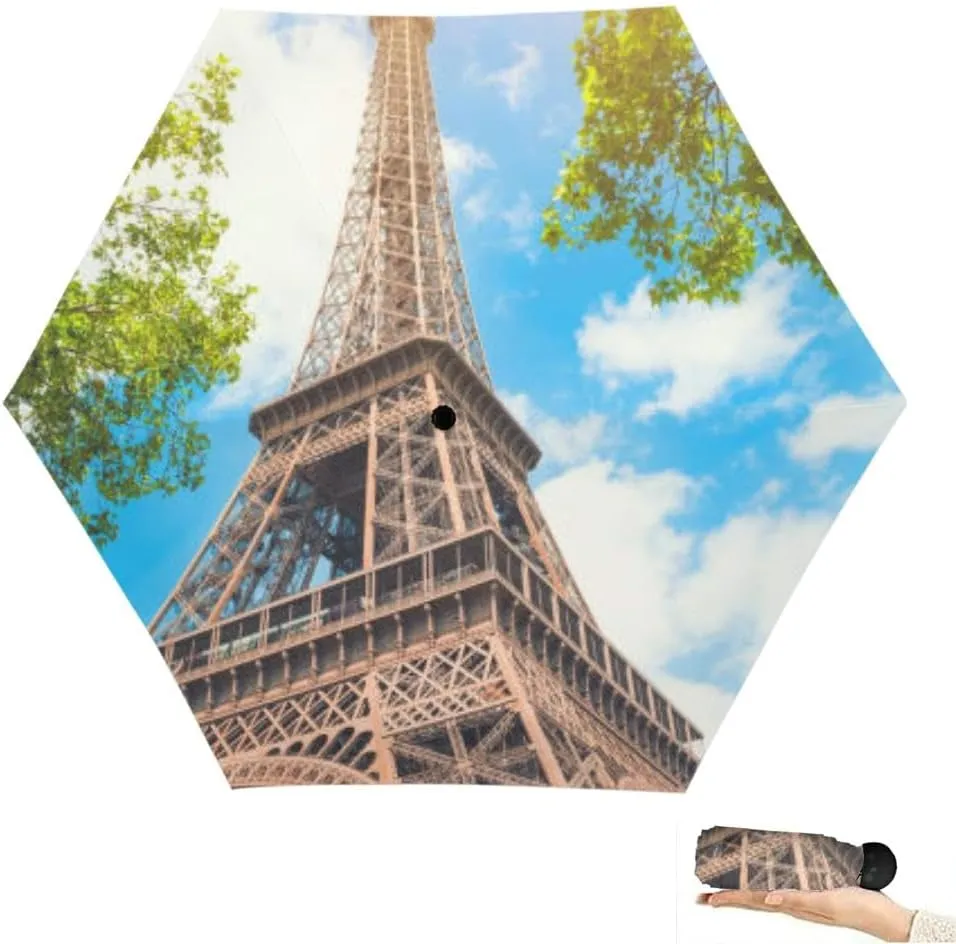 Travel Umbrella for Rain Windproof View Parisian street the Eiffel Tower the clearance Automatic Cute Portable Compact Umbrella for Women Purse Backpack Car Black Sun UV Protection