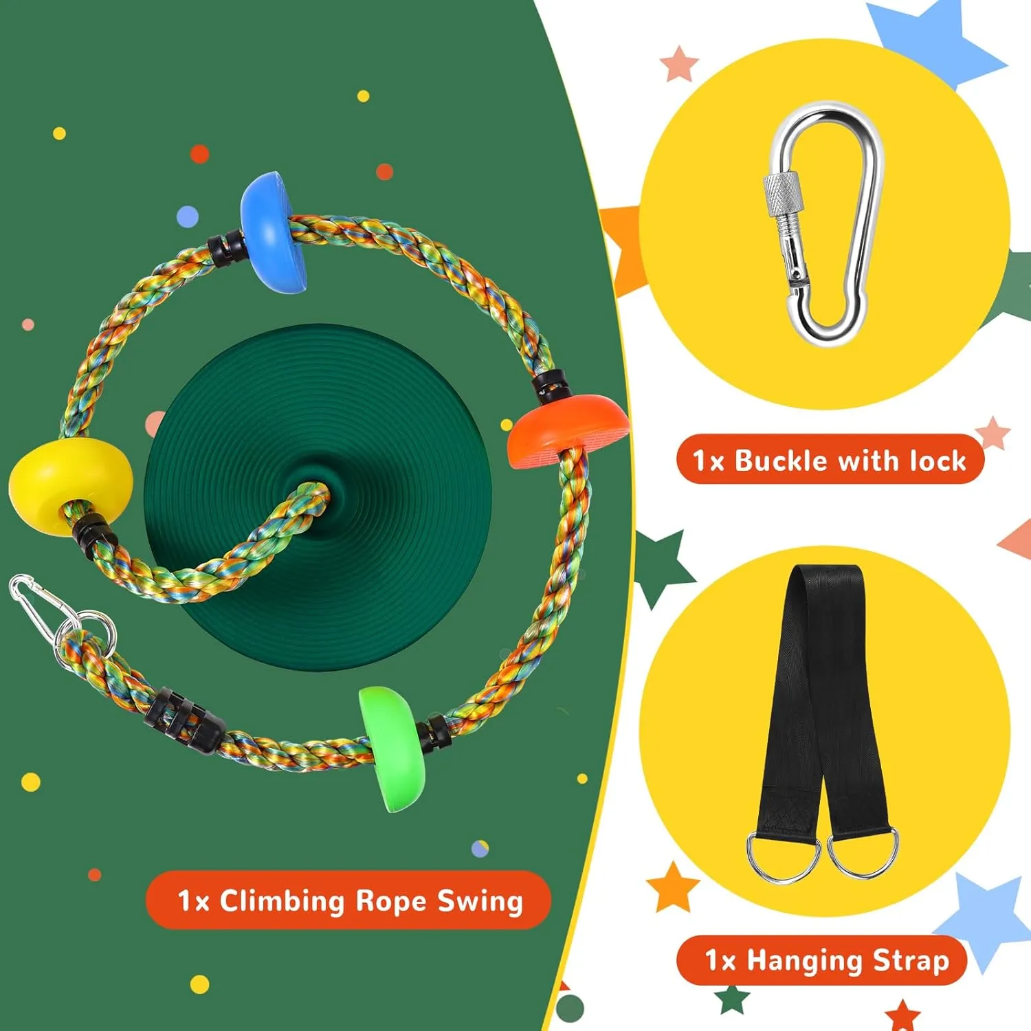 Tree Swing Climbing Rainbow Rope, Heavy Duty Swing Disc Seat Replacement for Kids with Hanging Strap and Platform Carabiners Indoor/Outdoor Playground Accessories (Green)