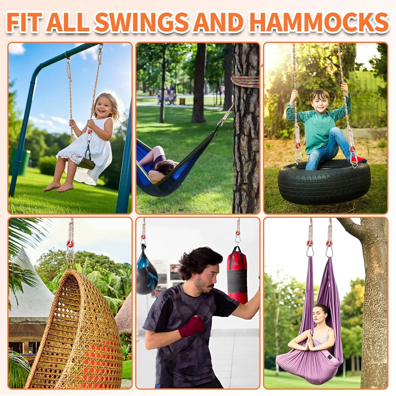 Tree Swing Ropes (Set of 2), 5FT/10FT/15FT/20FT, Tree Swing Straps Hanging Kit Holds 4400 lbs, Heavy Duty Carabiners for All Swing Hammock Playground Set Accessories (15FT)