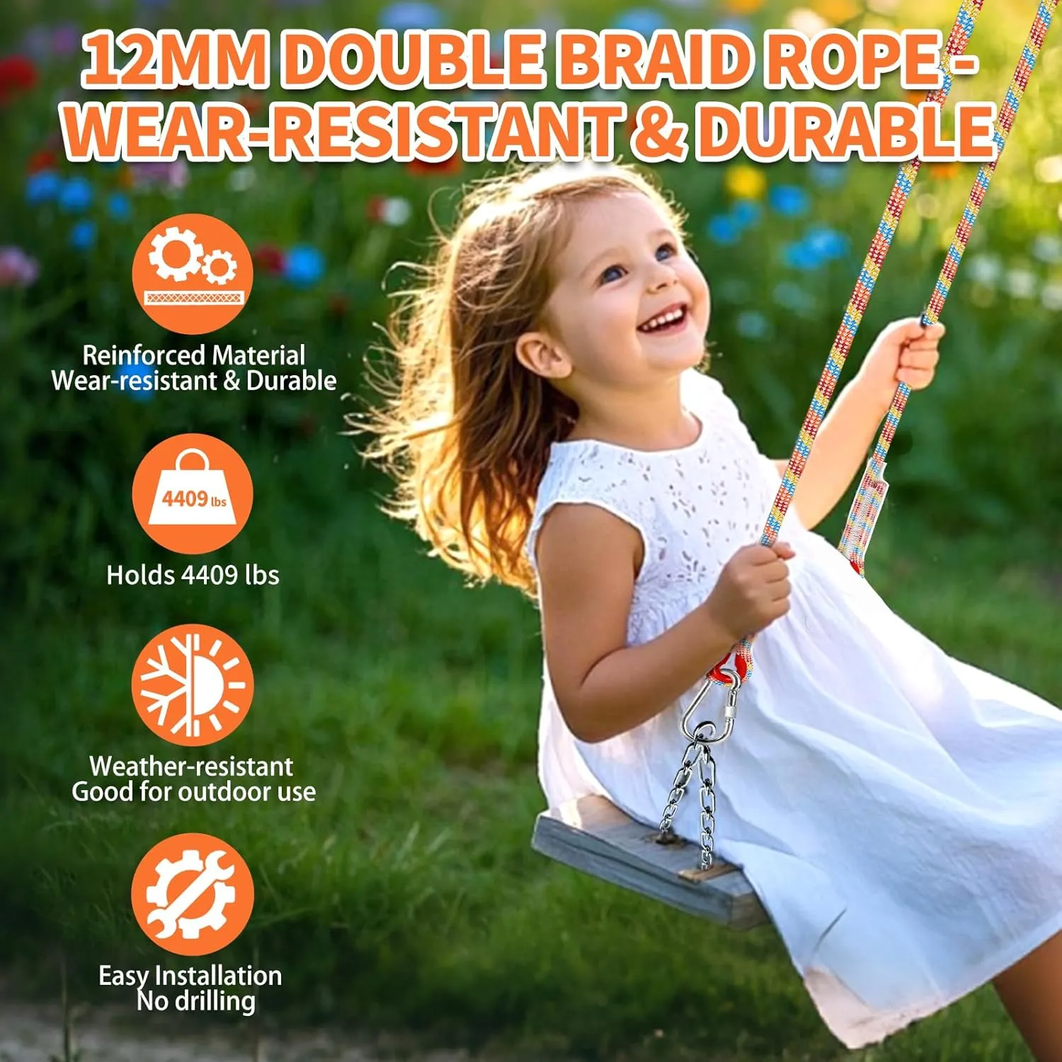 Tree Swing Ropes (Set of 2), 5FT/10FT/15FT/20FT, Tree Swing Straps Hanging Kit Holds 4400 lbs, Heavy Duty Carabiners for All Swing Hammock Playground Set Accessories (15FT)