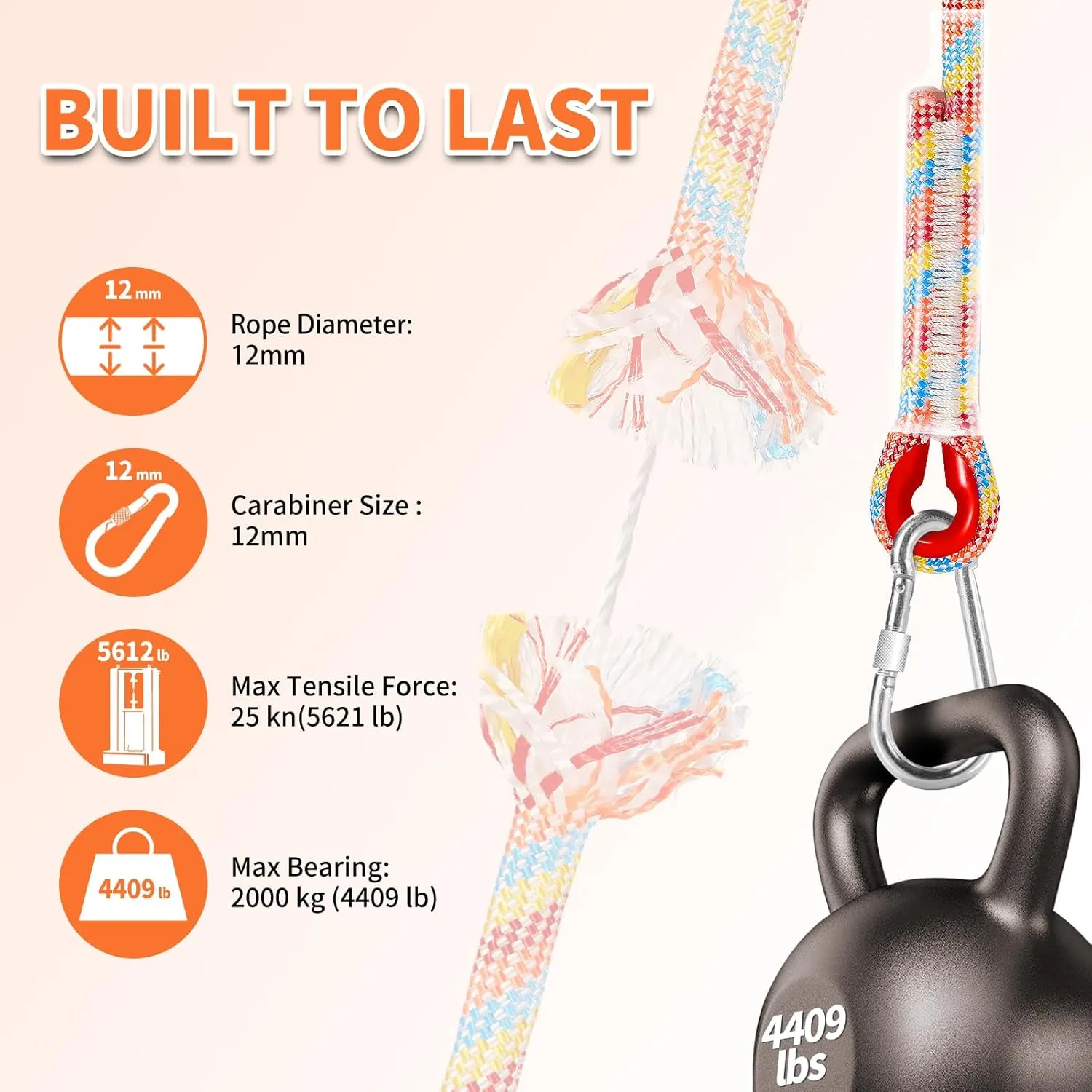 Tree Swing Ropes (Set of 2), 5FT/10FT/15FT/20FT, Tree Swing Straps Hanging Kit Holds 4400 lbs, Heavy Duty Carabiners for All Swing Hammock Playground Set Accessories (15FT)