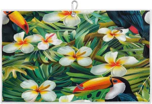 Tropical Flowering Plant Bird Golf Towel with Heavy Duty Carabiner Clip Quick Dry Ultra Absorbent Club Ball Cleaning Towel Golf Accessories for Men Women