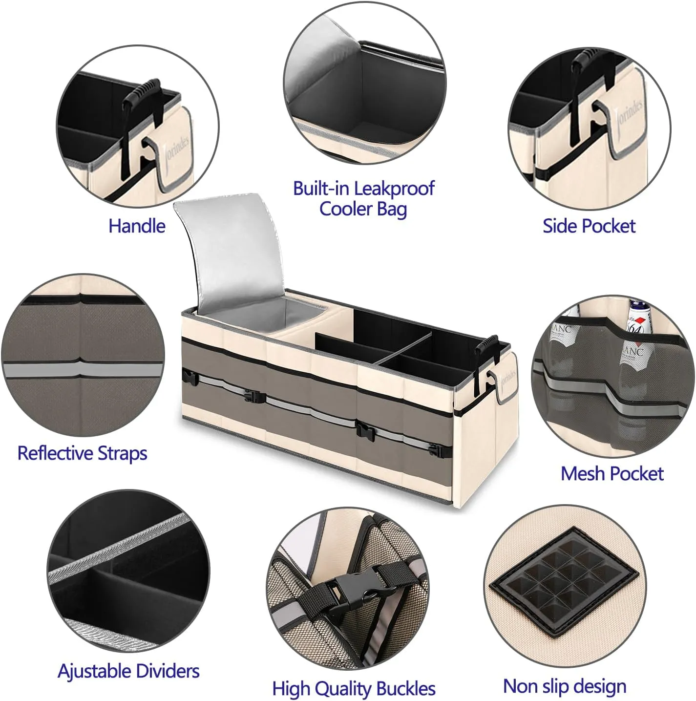 Trunk Organizer with Built-in Insulated Leak Proof Cooler Bag,Collapsible Cargo Organizer for SUV with Non Slip Bottom Strips,3 Large Compartments Foldable Waterproof Portable Car Storage Box 3