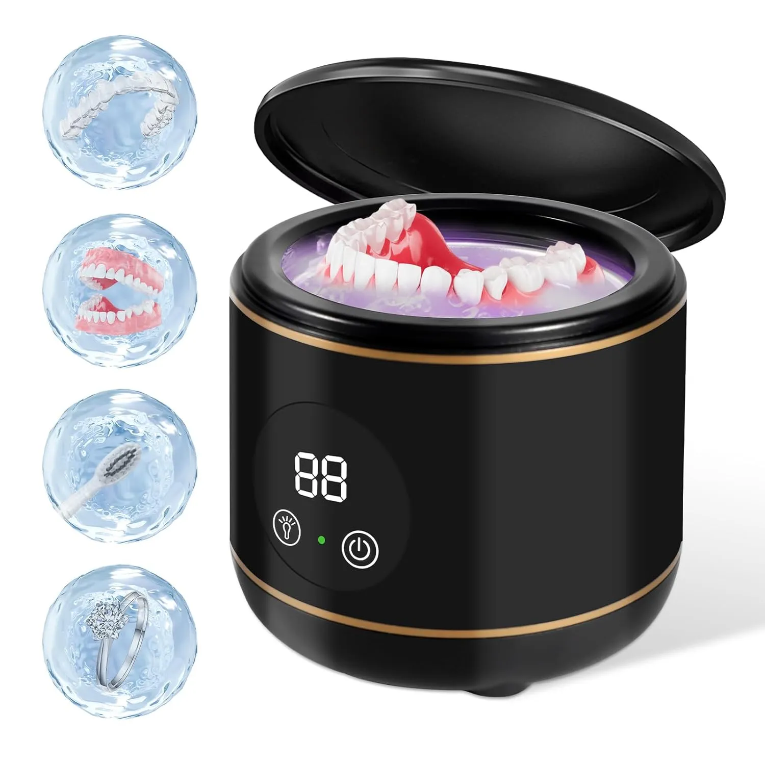 Ultrasonic Retainer Cleaner Dental Cleaning Pod Night Mouth Guards, Jewelry, Aligner, Braces, Denture Cleaner with Digital Timer 230ML