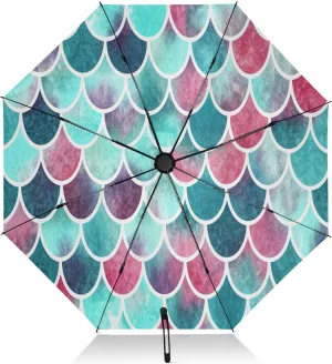 Umbrellas for Rain, Umbrellas for Rain Compact Windproof, Ideal for Car, Purse, Men and Women, Aqua Blue Pink Fish Scales