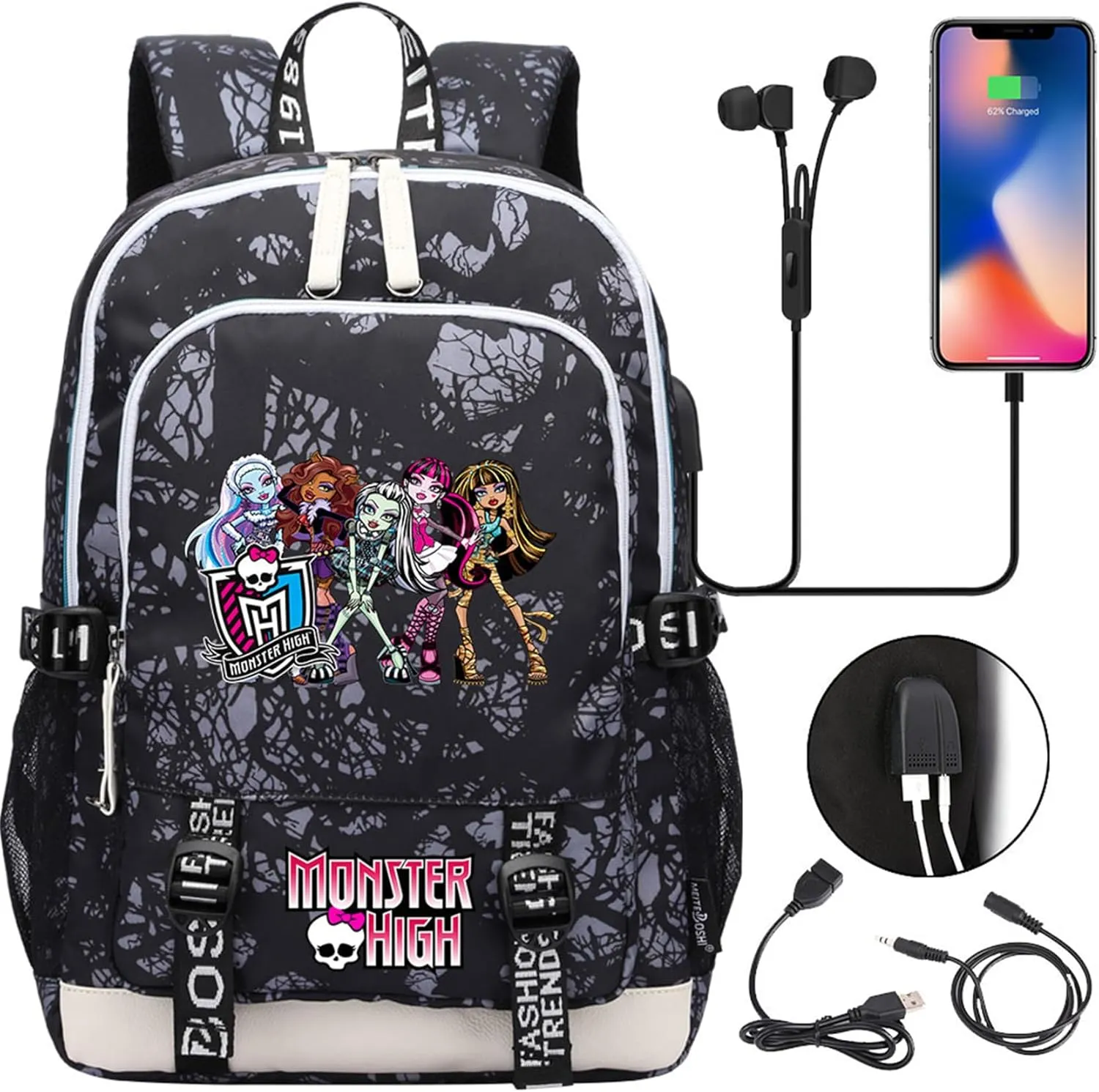 Unisex Monster High Multifunction Backpack Classic Wear Resistant Bagpack Bookbag with USB Charging/Headphone Port