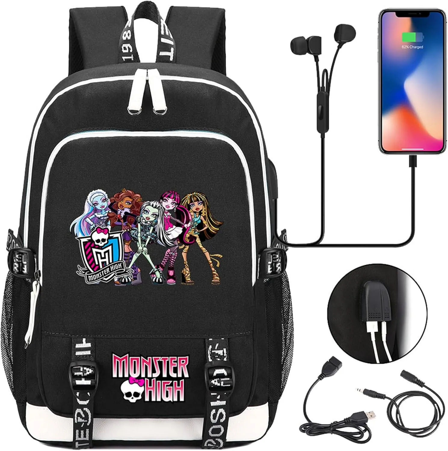 Unisex Monster High Multifunction Backpack Classic Wear Resistant Bagpack Bookbag with USB Charging/Headphone Port