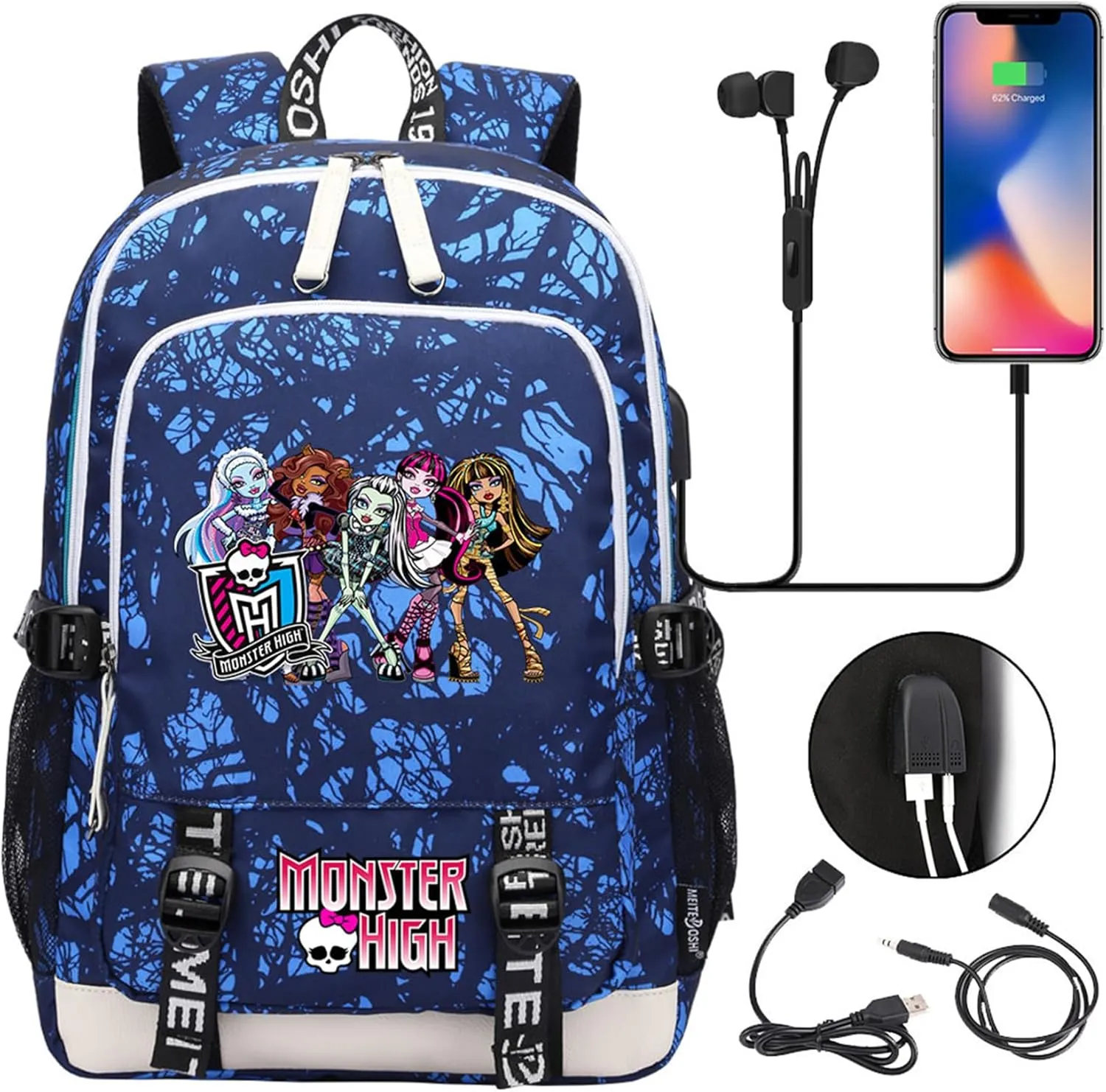 Unisex Monster High Multifunction Backpack Classic Wear Resistant Bagpack Bookbag with USB Charging/Headphone Port