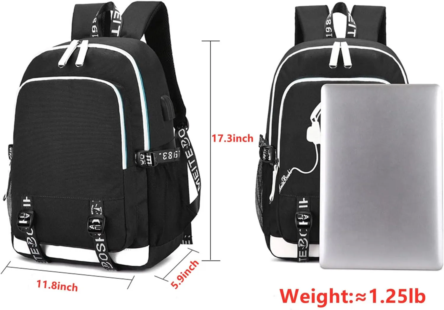 Unisex Monster High Multifunction Backpack Classic Wear Resistant Bagpack Bookbag with USB Charging/Headphone Port