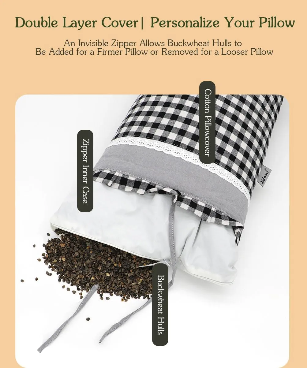Upgrade Buckwheat Pillows for Sleeping, Neck Pillow Adjustable Buckwheat Hulls Filled with Pillow Cover Neck Support for Back and Side Sleepers (20x11 inch, Khaki)