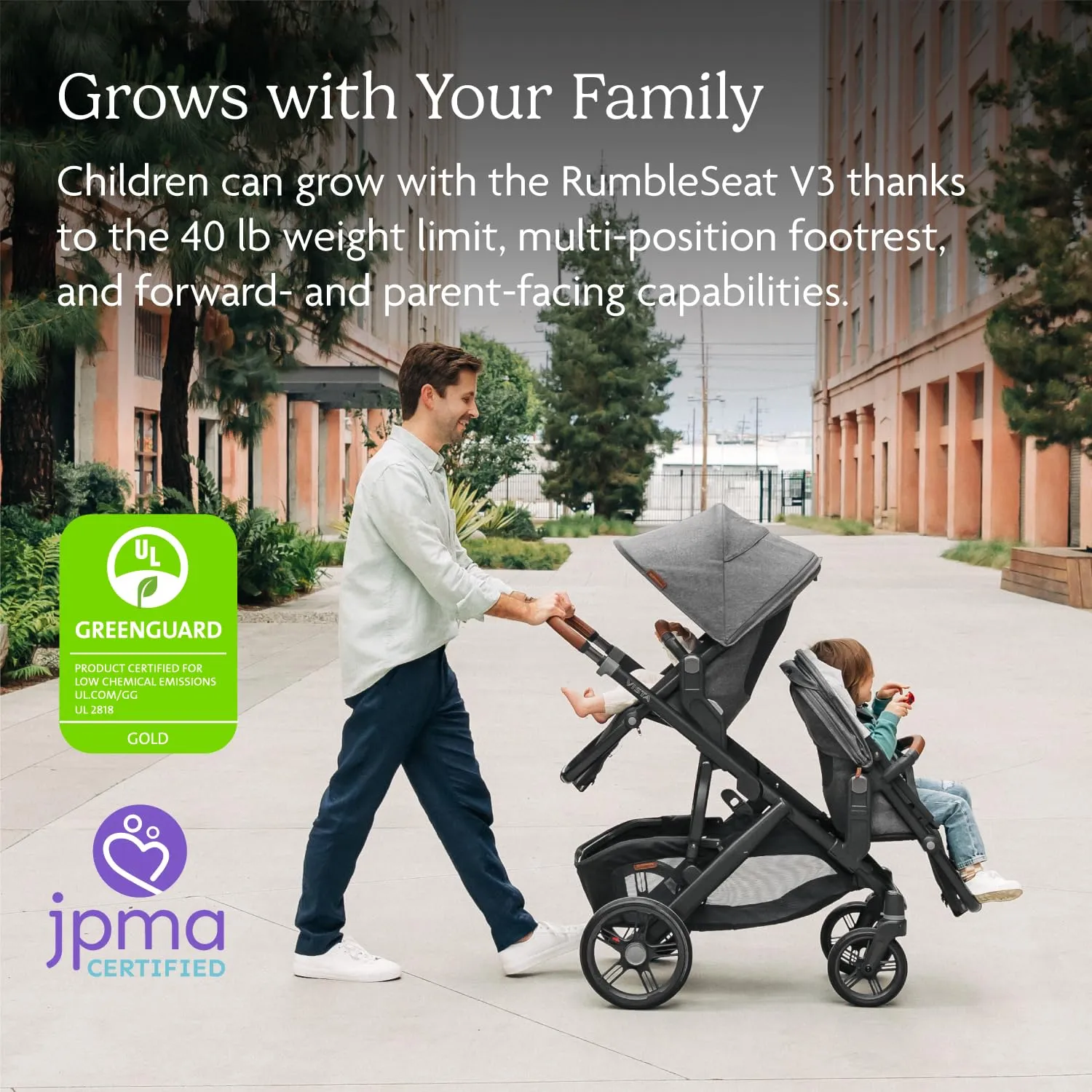UPPAbaby RumbleSeat V3 Second Lower Seat - Compatible with Vista V2 and Vista V3 - All-Weather Seat   Magnetic Buckle – Adapters Included - Savannah (Pearl Gray Jacquard/Carbon Frame/Chestnut Leather)
