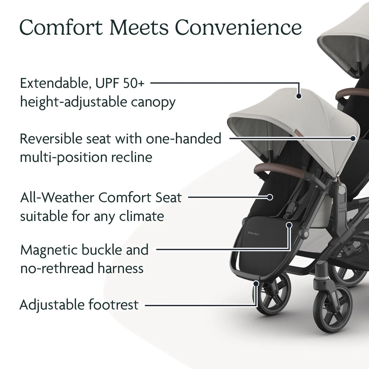 UPPAbaby RumbleSeat V3 Second Lower Seat - Compatible with Vista V2 and Vista V3 - All-Weather Seat   Magnetic Buckle – Adapters Included - Savannah (Pearl Gray Jacquard/Carbon Frame/Chestnut Leather)