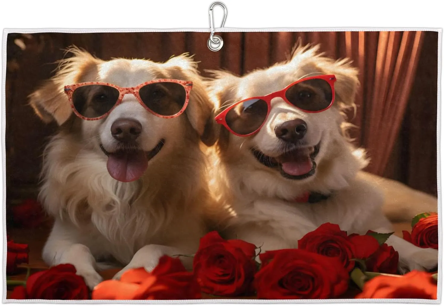 Valentine's Day Dog Couple Roses Golf Towel with Heavy Duty Carabiner Ultra Absorbent Quick Dry Perfect for Cleaning Clubs Balls Gear Essential Golf Accessory for Men Women Kids