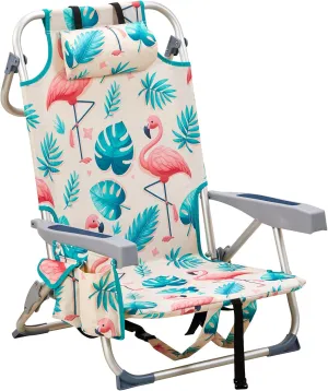 Vasitelan Outdoor Folding Backpack Beach Chair with 5 Positions, Towel bar, Cooler Pouch, Cup Holder,Folding Beach Chair with Backpack Straps (Flamingo, Short)