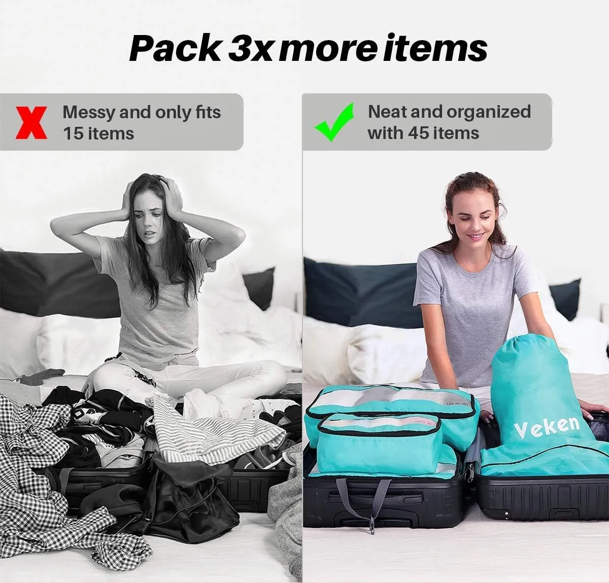 Veken 6 Set Packing Cubes for Travel Essentials, Suitcase Organizer Bags Set for Luggage, Road Trip Travel Accessories in 4 Sizes (Extra Large, Large, Medium, Small)