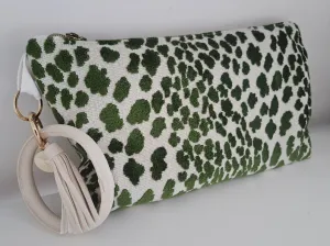 Velvet Green Leapard Print Clutch Bag