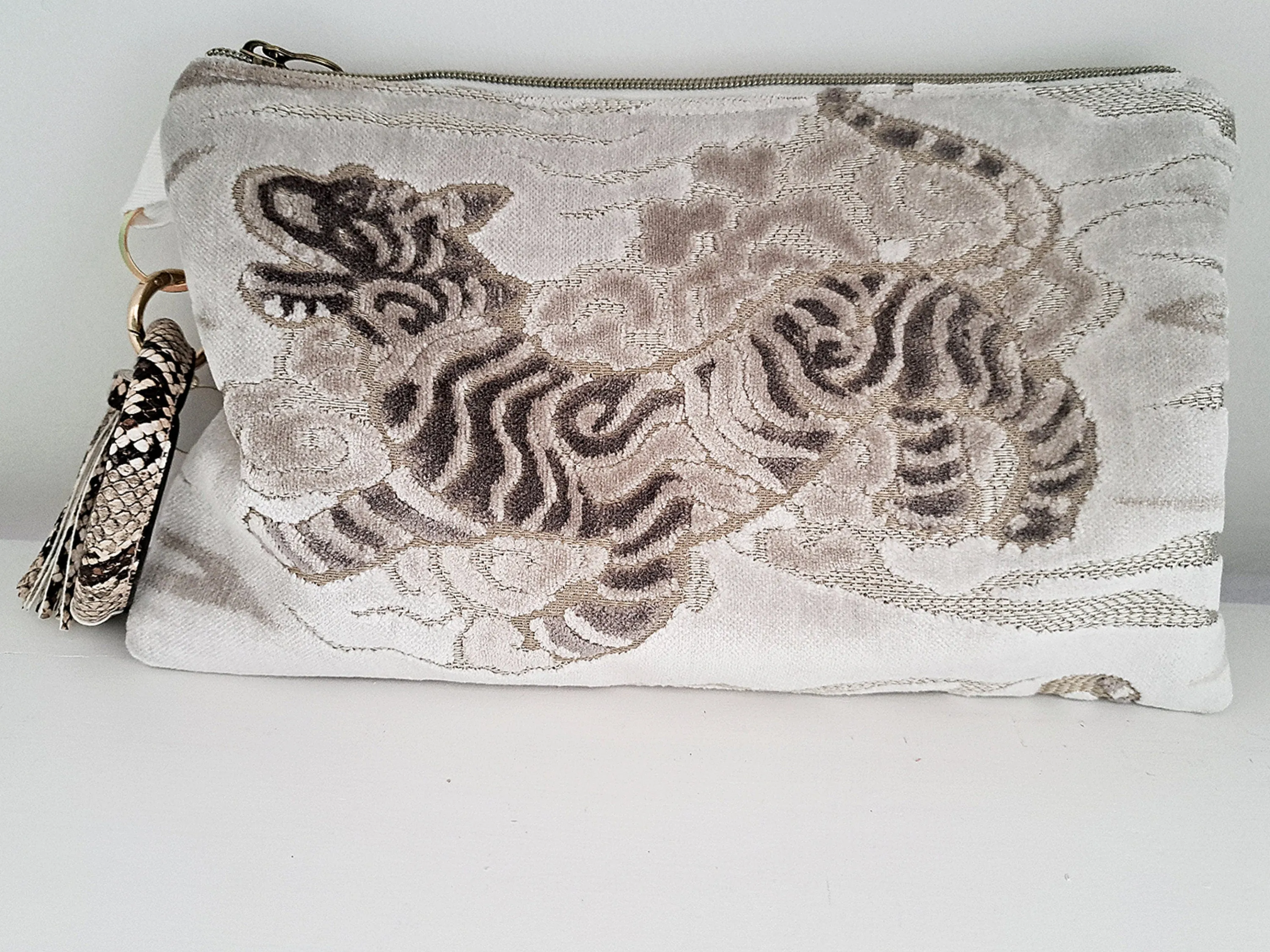 Velvet Neutral Tiger Clutch Bag