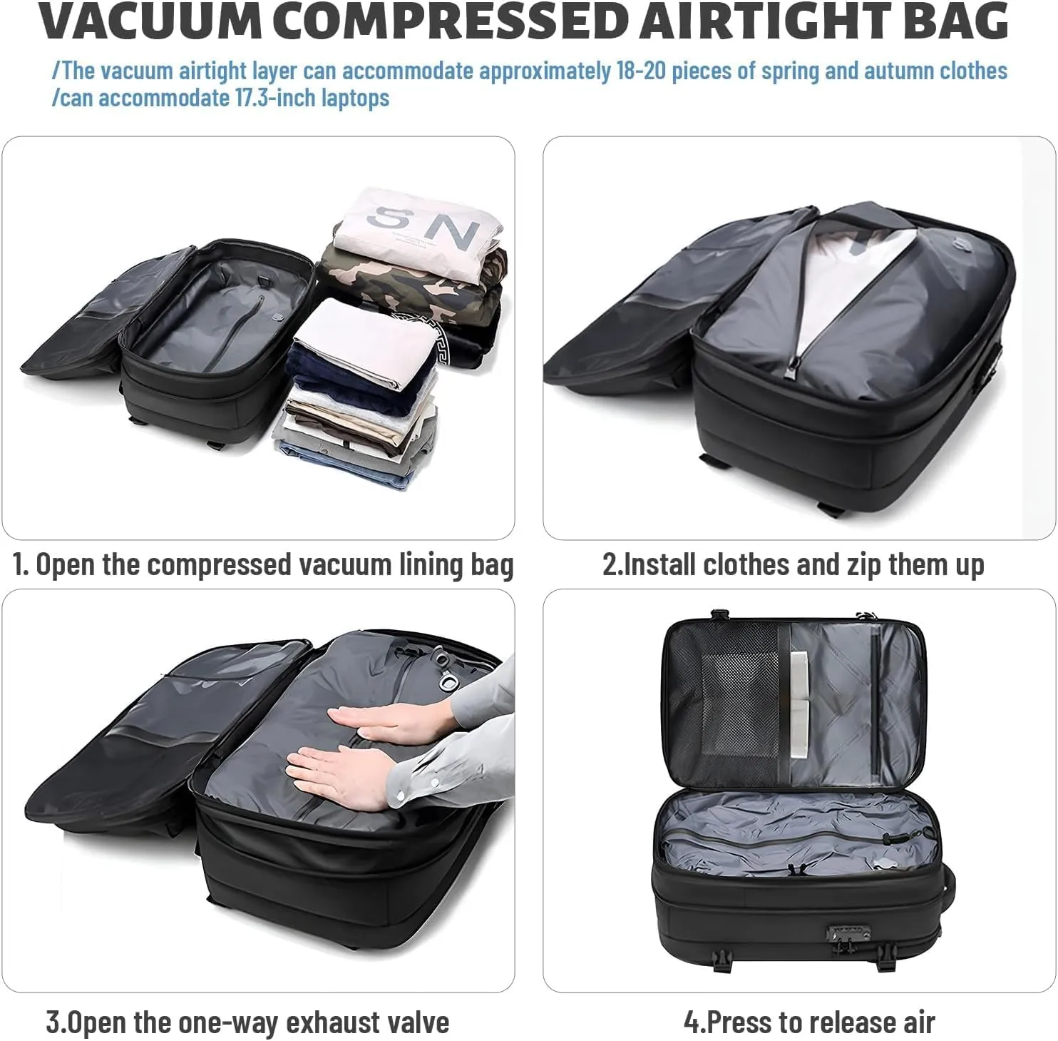 Venator Vacuum Travel Bag (60 L), Equipped with 1200 Mah Electric Air Pump, Large Capacity Travel Backpack, Anti-Theft (Gray)