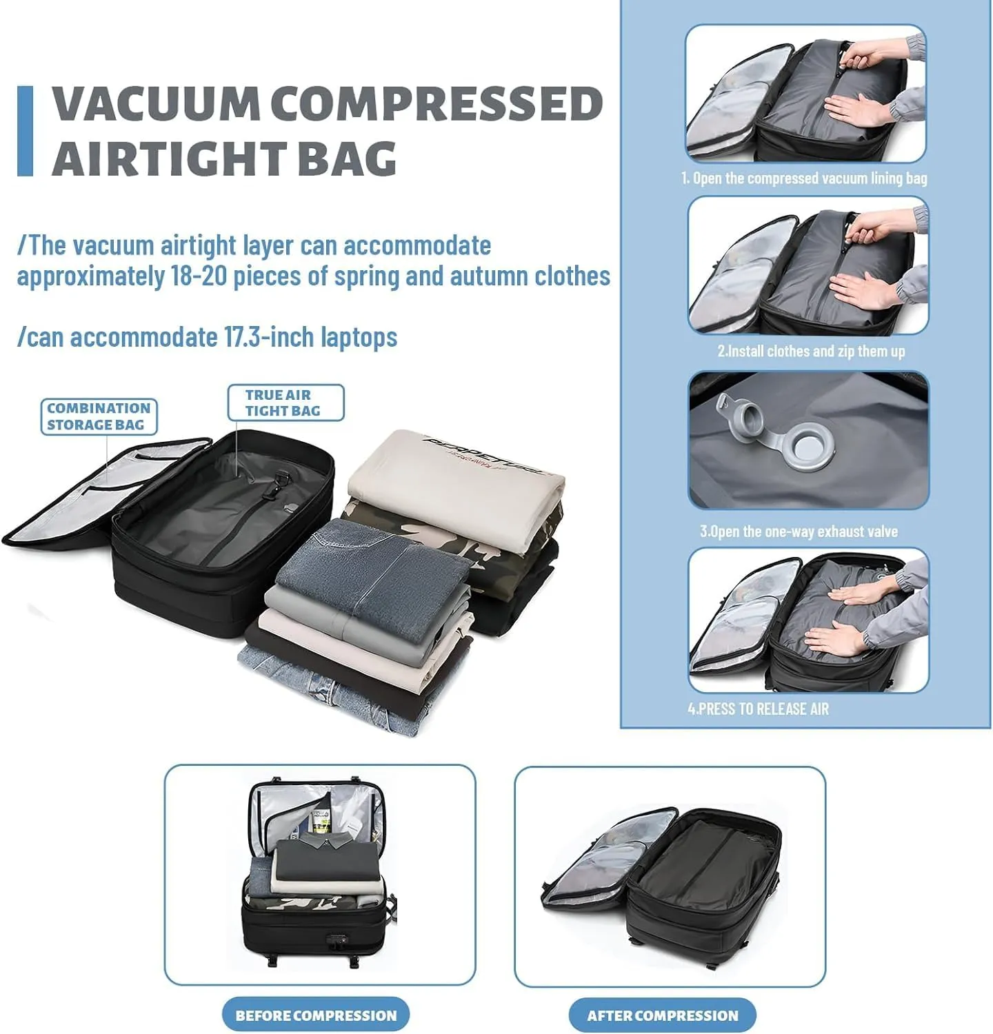 Venator Vacuum Travel Bag (60 L), Equipped with 1200 Mah Electric Air Pump, Large Capacity Travel Backpack, Anti-Theft (Gray)