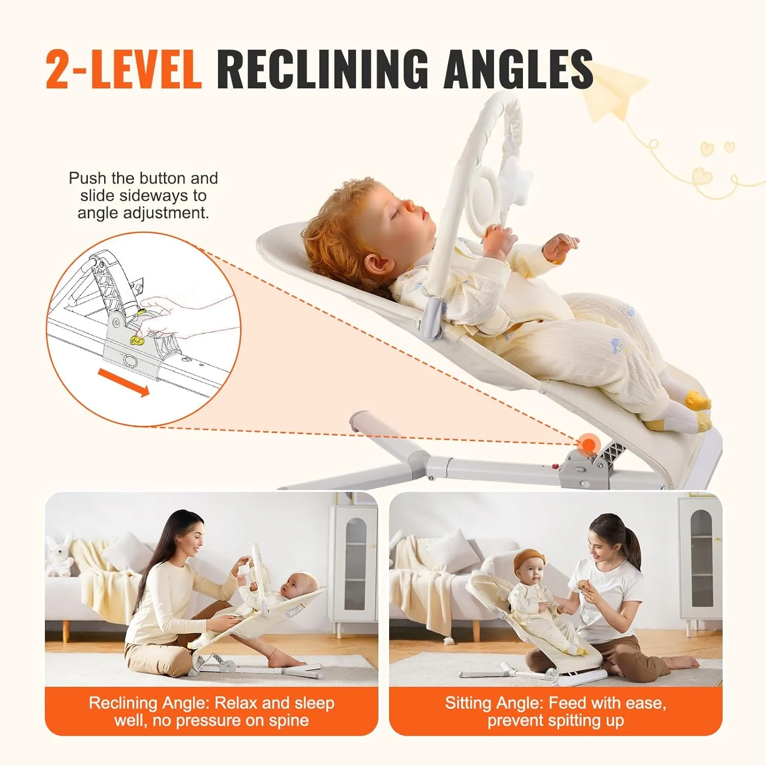 VEVOR Baby Bouncer, Folding Bouncer Seat for Babies 0-9 Months, Baby Bouncer with 2 Reclining Angles & Rotatable Toy Bar, Portable Baby Bouncer Seat with Carrying Bag for Indoors Outdoors, Beige