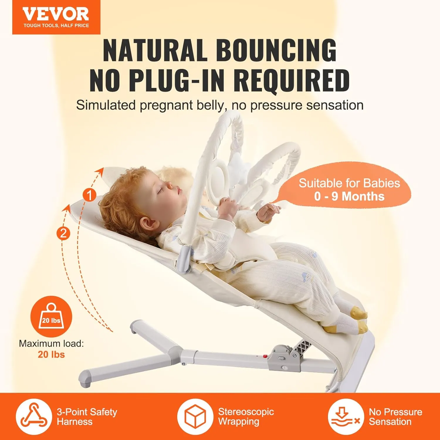 VEVOR Baby Bouncer, Folding Bouncer Seat for Babies 0-9 Months, Baby Bouncer with 2 Reclining Angles & Rotatable Toy Bar, Portable Baby Bouncer Seat with Carrying Bag for Indoors Outdoors, Beige