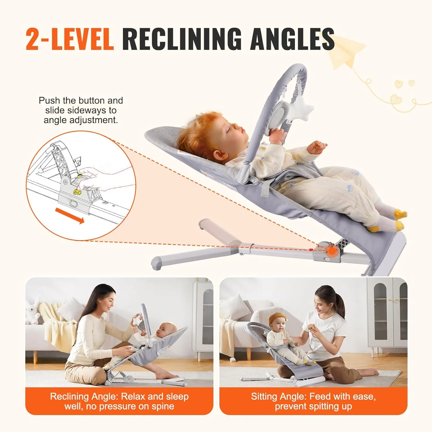VEVOR Baby Bouncer, Folding Bouncer Seat for Babies 0-9 Months, Portable Baby Bouncer Seat with 2 Reclining Angles, Rotatable Toy Bar & Carrying Bag, Ideal for Indoors Outdoors, Light Gray