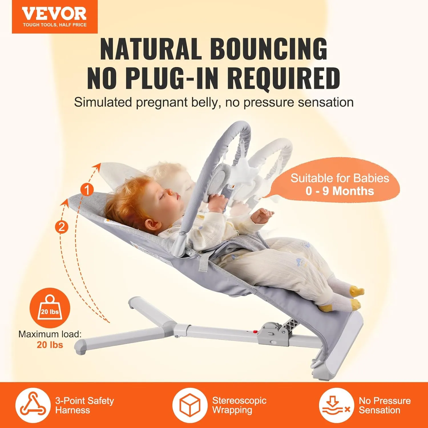 VEVOR Baby Bouncer, Folding Bouncer Seat for Babies 0-9 Months, Portable Baby Bouncer Seat with 2 Reclining Angles, Rotatable Toy Bar & Carrying Bag, Ideal for Indoors Outdoors, Light Gray