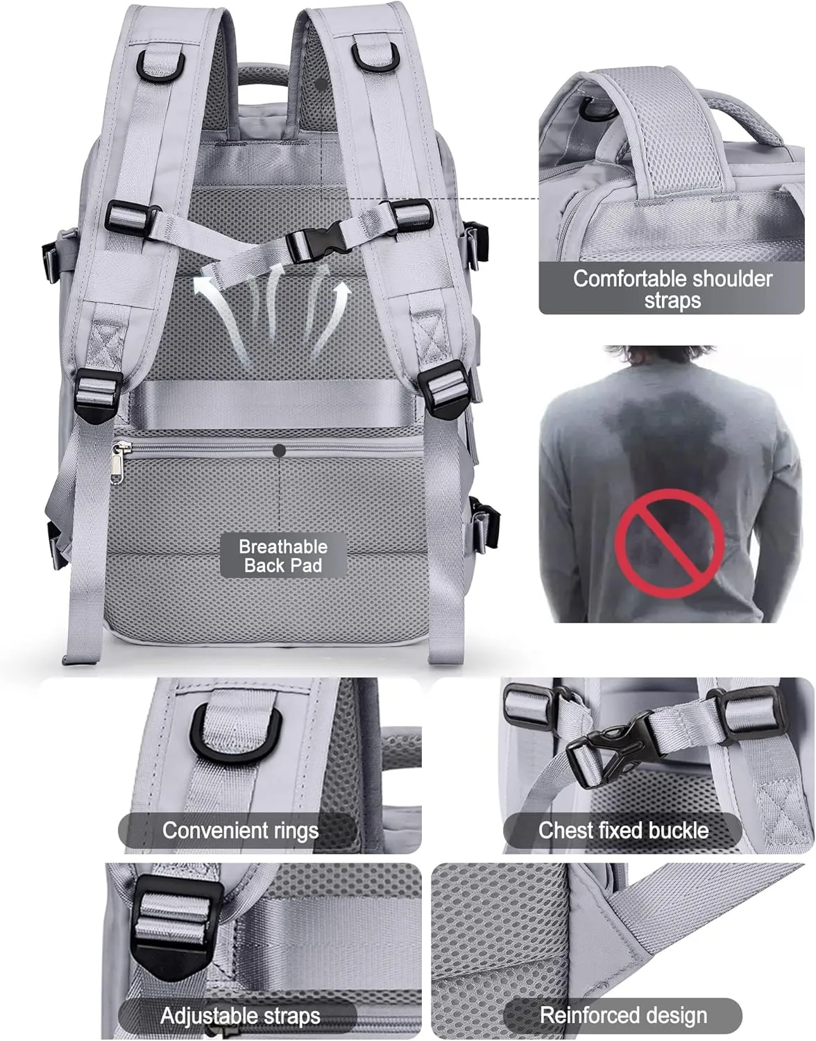 VGCUB Large Travel Backpack Bag for Women Men,Carry on Backpack,17 Inch Laptop Business Work Waterproof Backpack with Laptop Compartment,Person Item Flight Approved,Mochila de Viaje,Grey