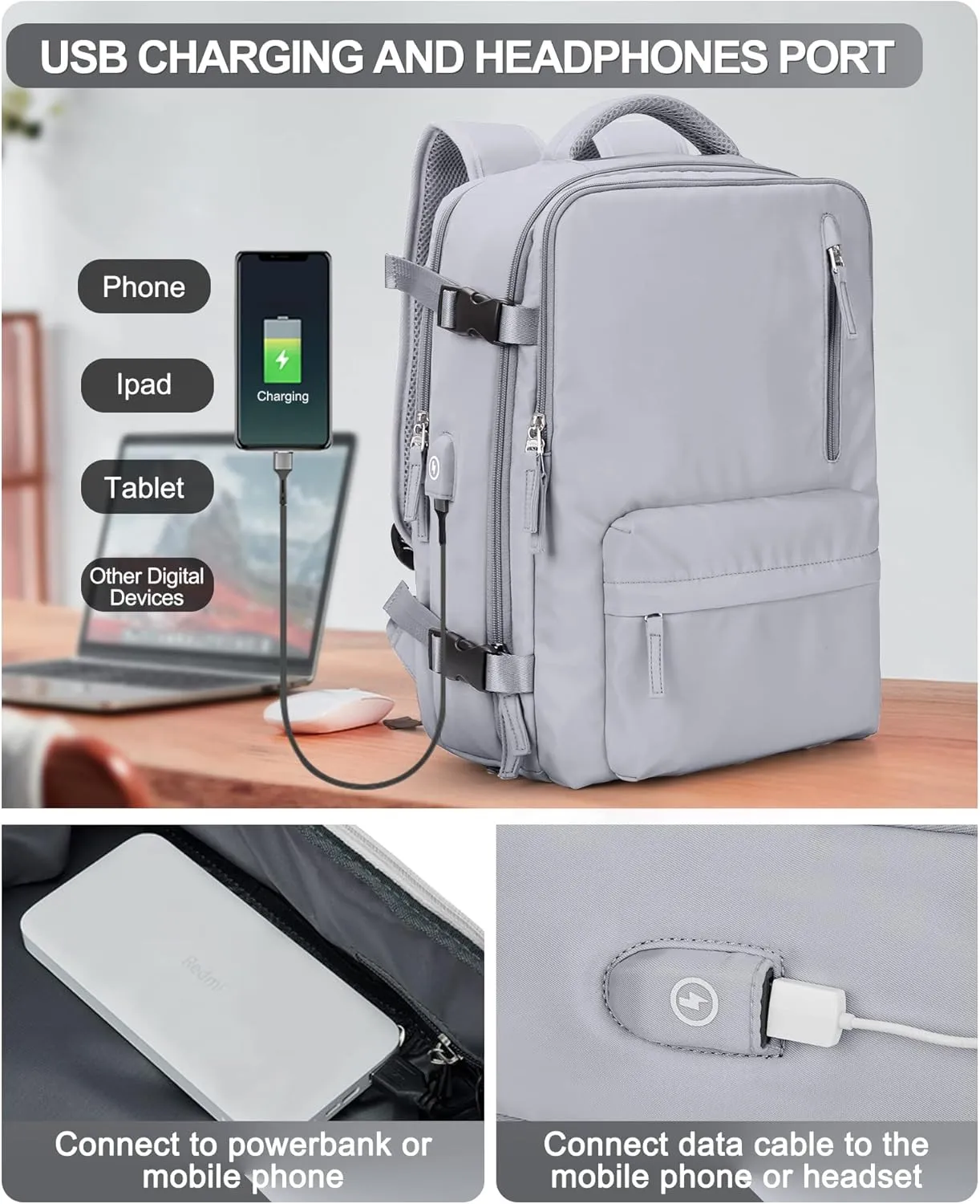 VGCUB Large Travel Backpack Bag for Women Men,Carry on Backpack,17 Inch Laptop Business Work Waterproof Backpack with Laptop Compartment,Person Item Flight Approved,Mochila de Viaje,Grey
