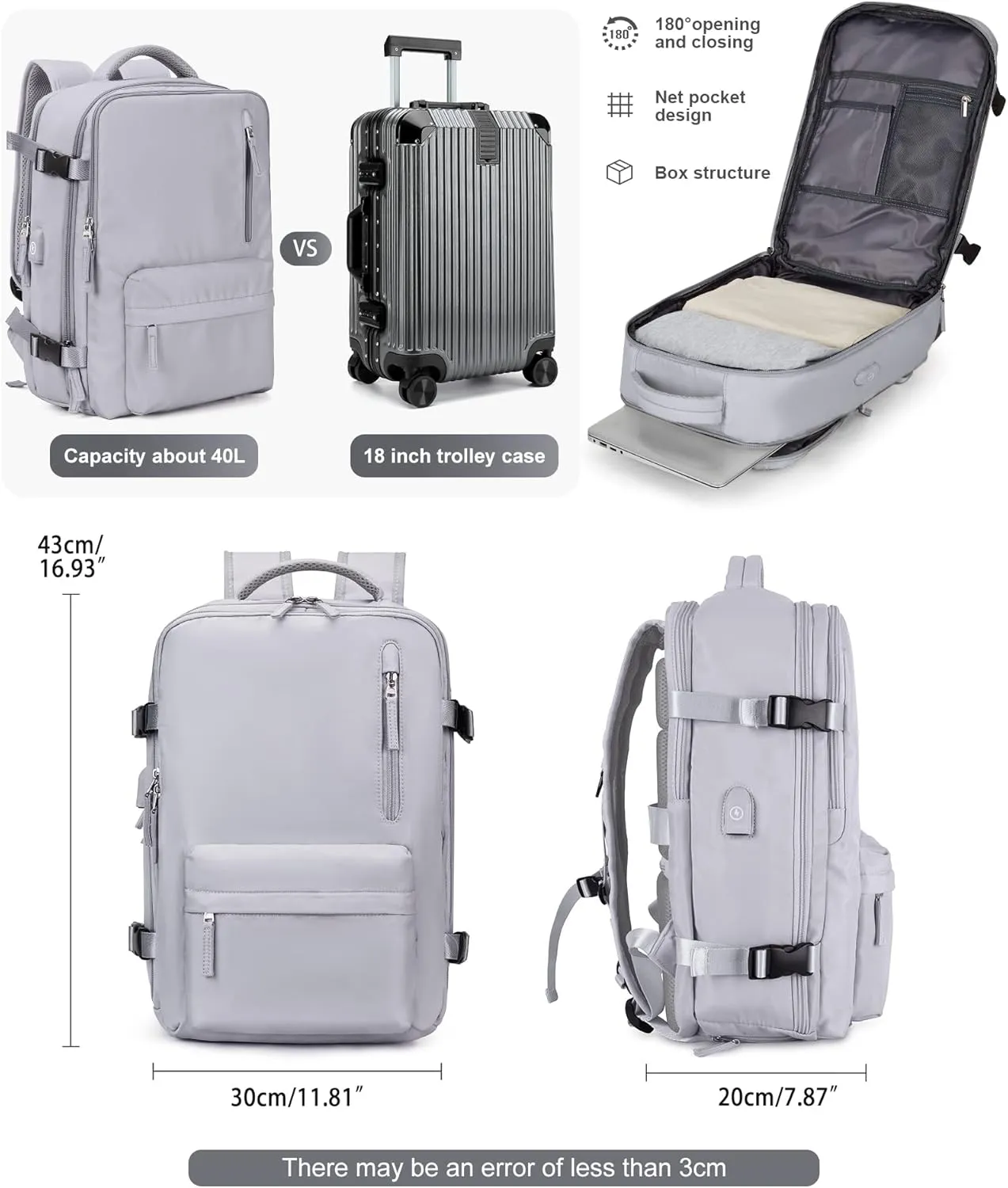 VGCUB Large Travel Backpack Bag for Women Men,Carry on Backpack,17 Inch Laptop Business Work Waterproof Backpack with Laptop Compartment,Person Item Flight Approved,Mochila de Viaje,Grey
