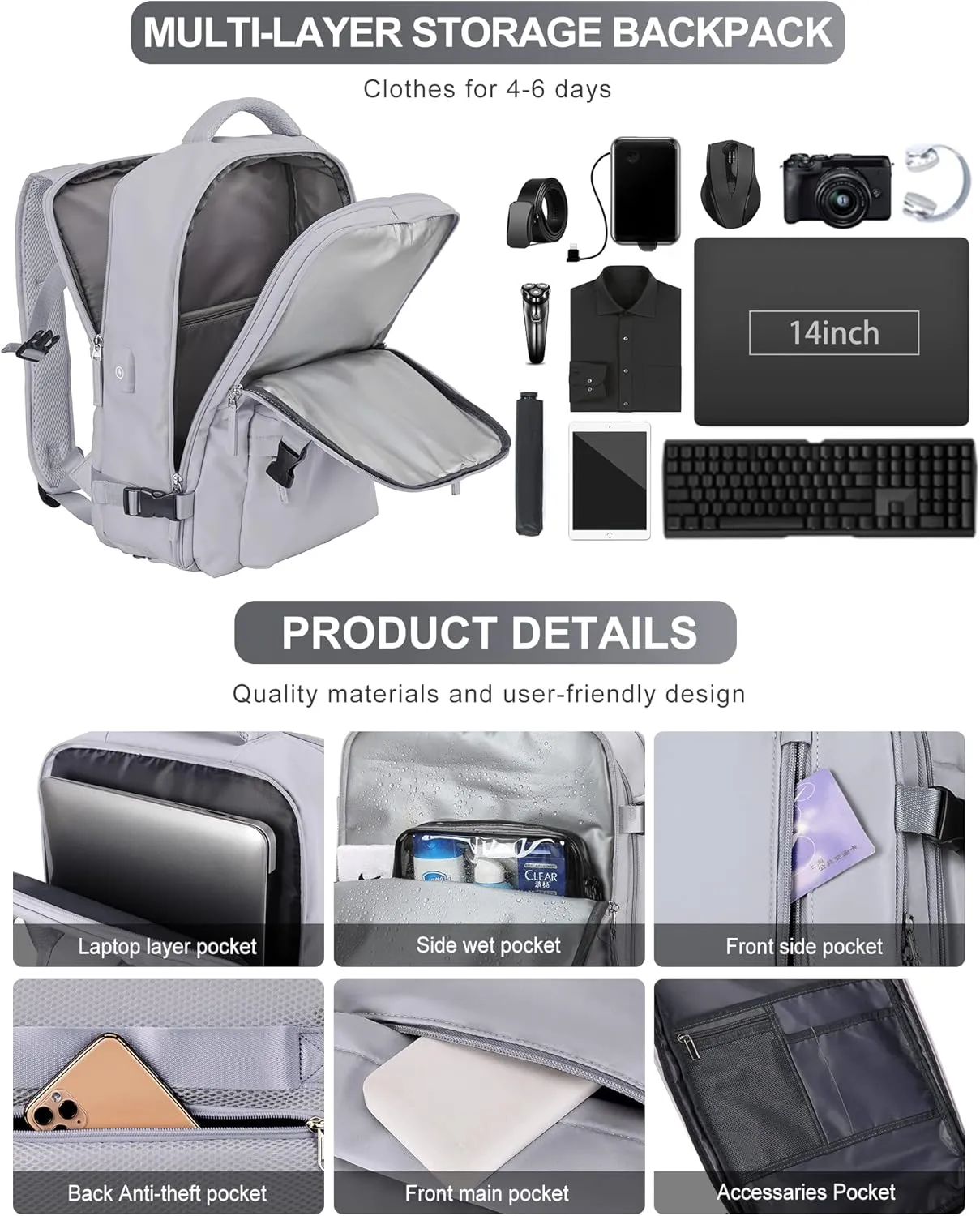 VGCUB Large Travel Backpack Bag for Women Men,Carry on Backpack,17 Inch Laptop Business Work Waterproof Backpack with Laptop Compartment,Person Item Flight Approved,Mochila de Viaje,Grey