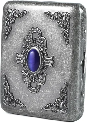 Vintage Metal Case - Retro Holder Case with Exquisite Carved Patterns and Emerald Gemstone Embellishments - Minimalist Storage Case for Women Men, Holds 14 to 20, up to 84mm, Silver, Flower