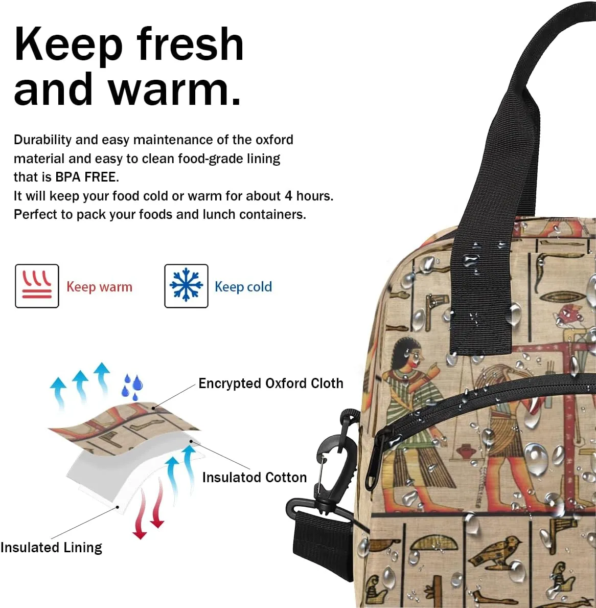 Vintage Myth Ancient Egyptian Mural Lunch Bag Large Capacity Insulated Lunch Box with Adjustable Shoulder Strap Leakproof Reusable Lunch Tote Bag for Men Women Work Office Picnic Gift