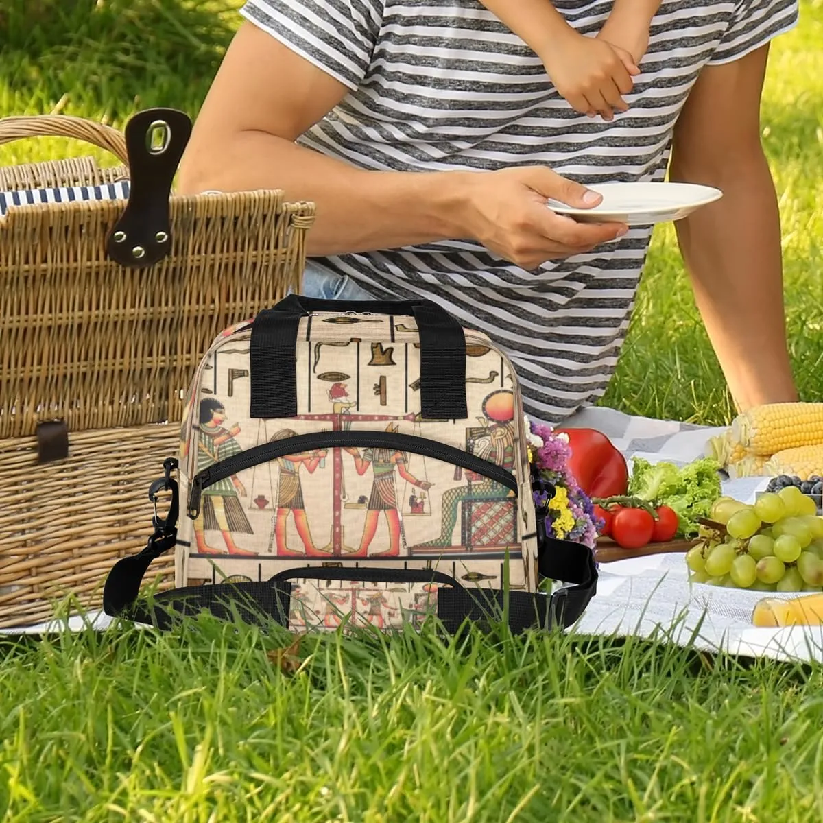 Vintage Myth Ancient Egyptian Mural Lunch Bag Large Capacity Insulated Lunch Box with Adjustable Shoulder Strap Leakproof Reusable Lunch Tote Bag for Men Women Work Office Picnic Gift