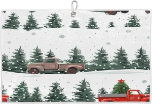 Vintage Truck Christmas Treered Golf Towel with Heavy Duty Carabiner Ultra Absorbent Quick Dry Perfect for Cleaning Clubs Balls Gear Essential Golf Accessory for Men Women Kids