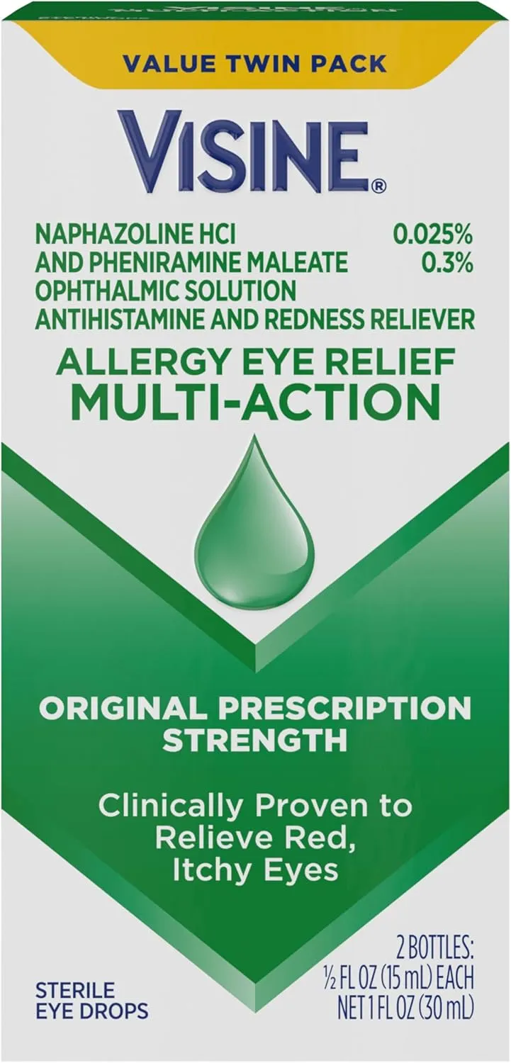Visine Allergy Eye Relief Multi-Action Antihistamine & Redness Reliever Eye Drops with Pheniramine Maleate & Naphazoline HCl, Eye Drop Treatment for Red, Itchy, Allergy Eyes, 0.5 fl. oz, 2 Pack