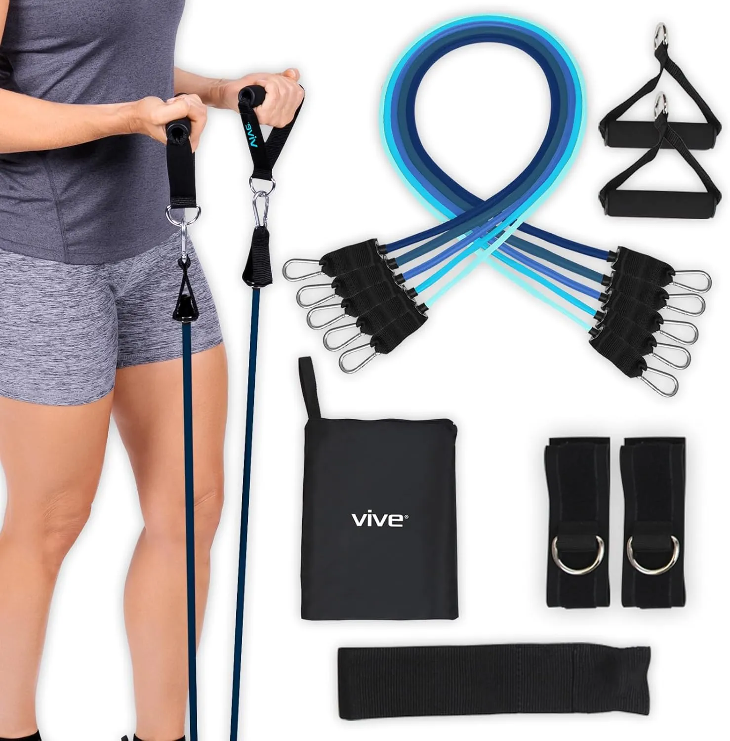 Vive Resistance Bands with Handles (11 Pcs) - Tube Rehab Band Set - Shoulder Pulley Door Anchor - 2 to 70 LBs Tension - Home Workout Elastic Fitness Equipment - Men, Women Training Therapy
